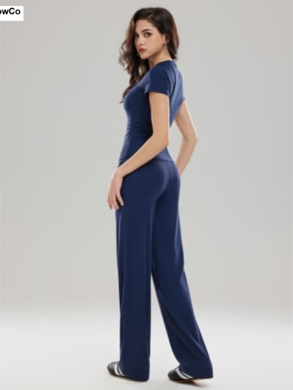 Women's 2 Piece Lounge Set Nylon Spandex Wide Leg Pants Short Sleeve - Picture 2 of 5